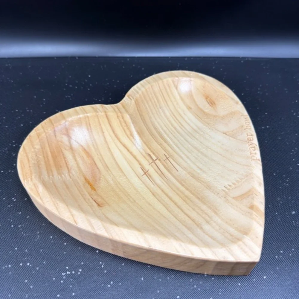 Handcrafted Heart Shaped Wooden Prayer Bowl with Engraved Crosses and Rim‎ Text